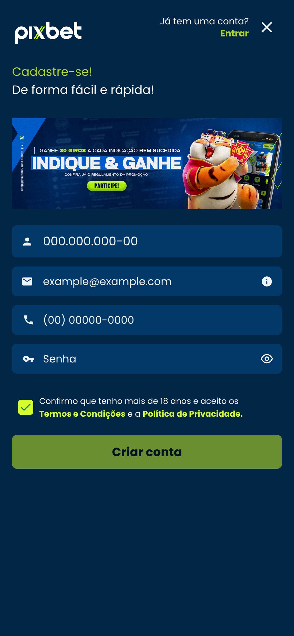 Registro na Pixbet: você precisa de um e-mail e um número de telefone