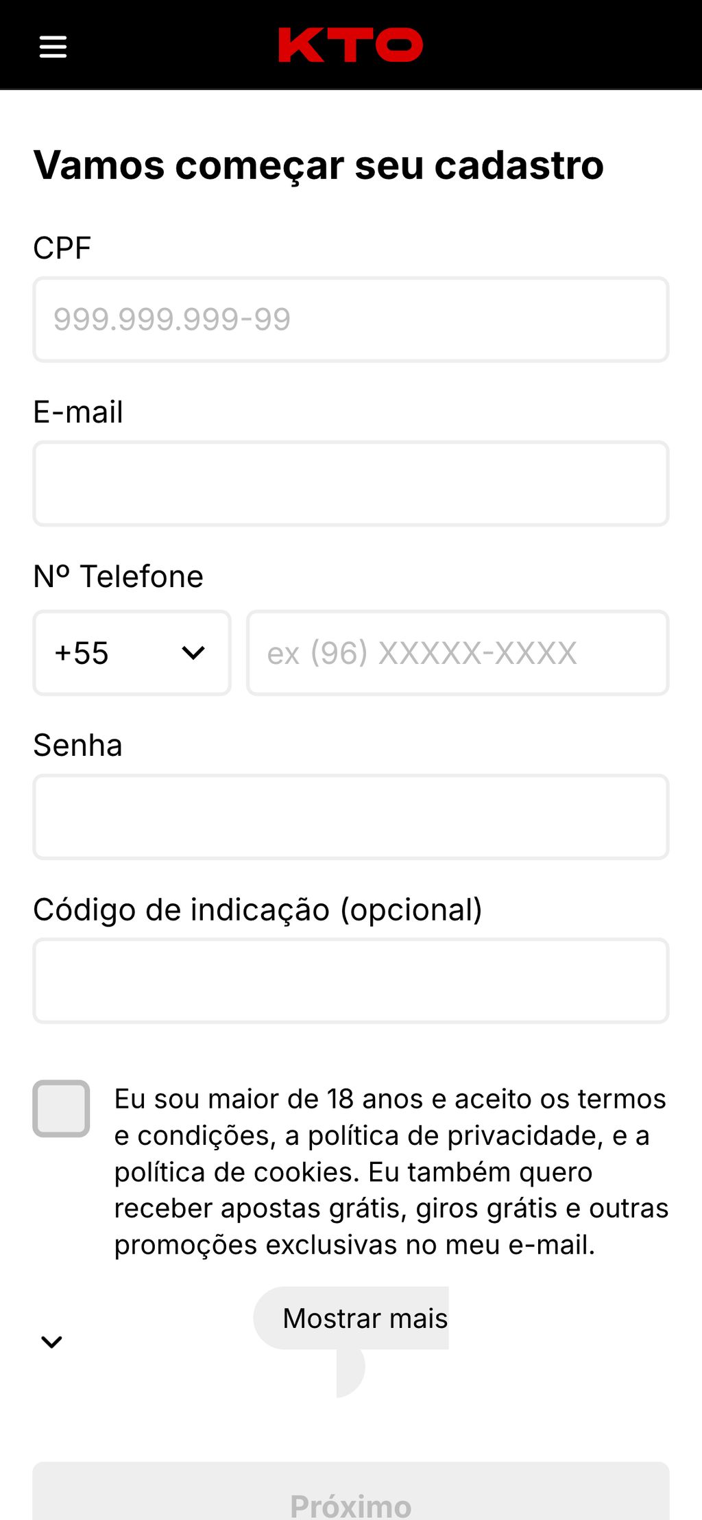 Página de registro no site KTO.bet.br