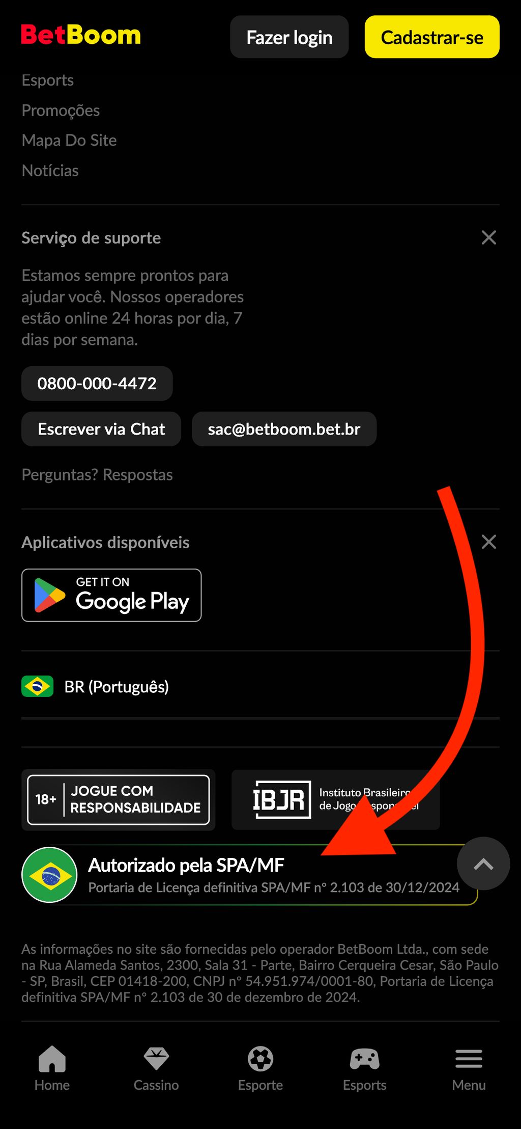 Informações sobre a licença da BetBoom