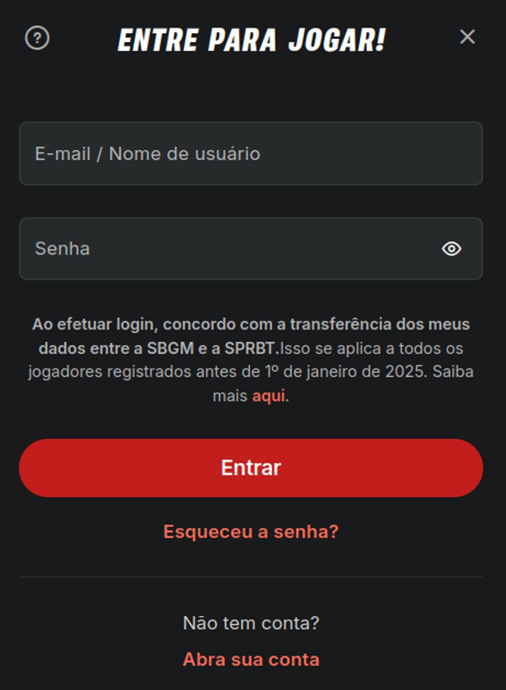 Tela de login da Superbet, com os campos de e-mail ou nome de usuário e senha