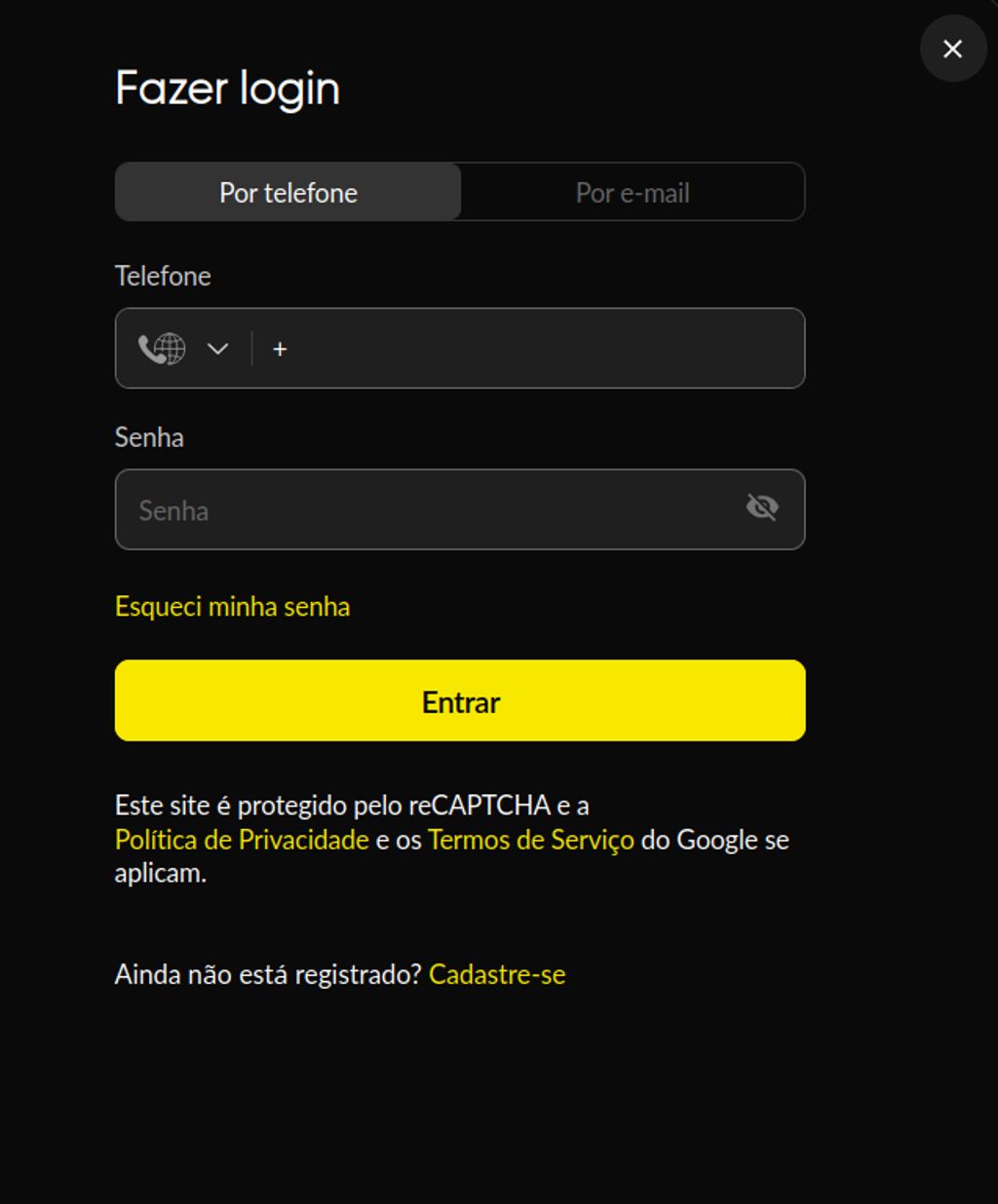 Tela de login da BetBoom pela aba «Por telefone»