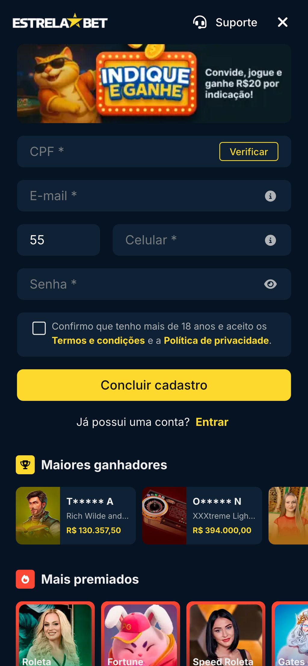 Registro no site Estrelabet.bet.br