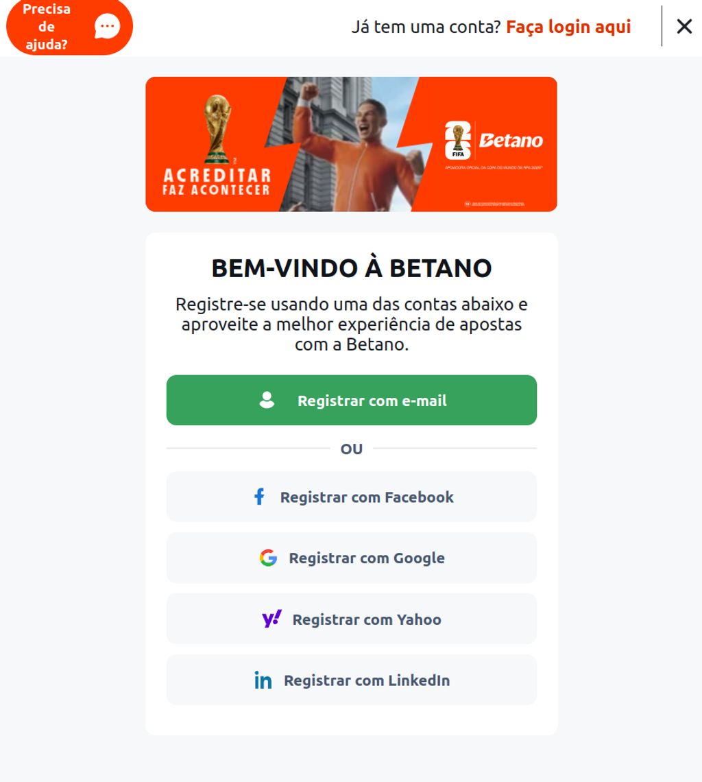 Opções para acessar e criar conta na Betano com Facebook, Google, Yahoo ou LinkedIn