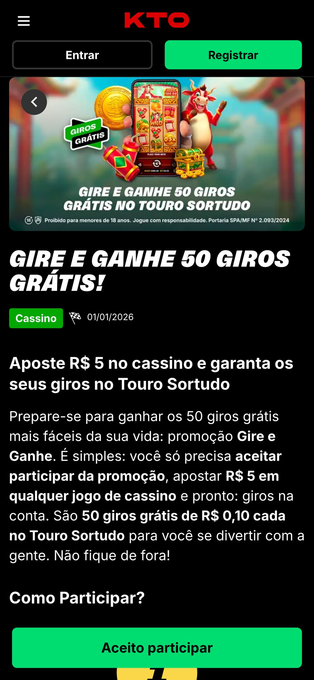 Bônus para jogadores no KTO