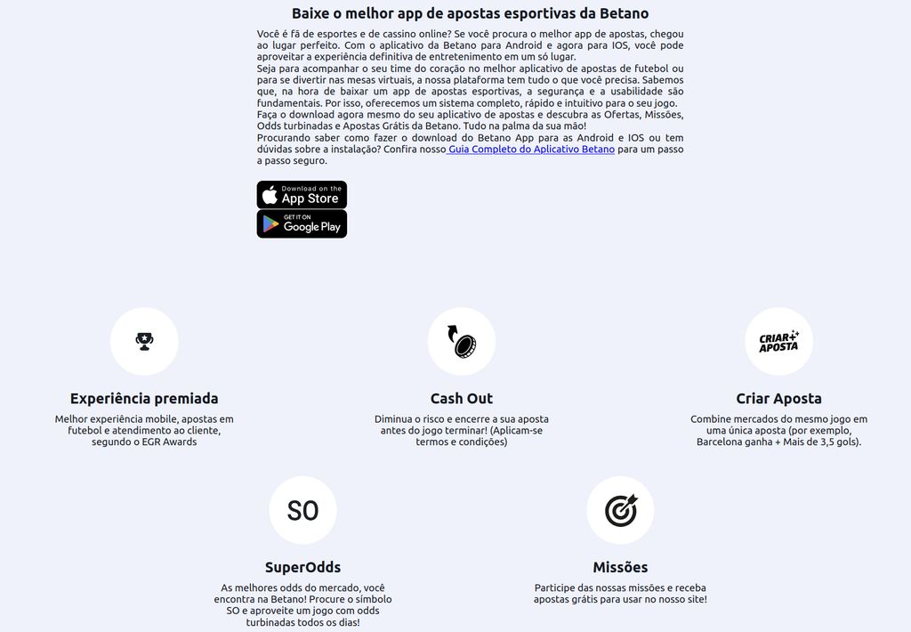 Recursos em destaque do aplicativo Betano para Android e iOS