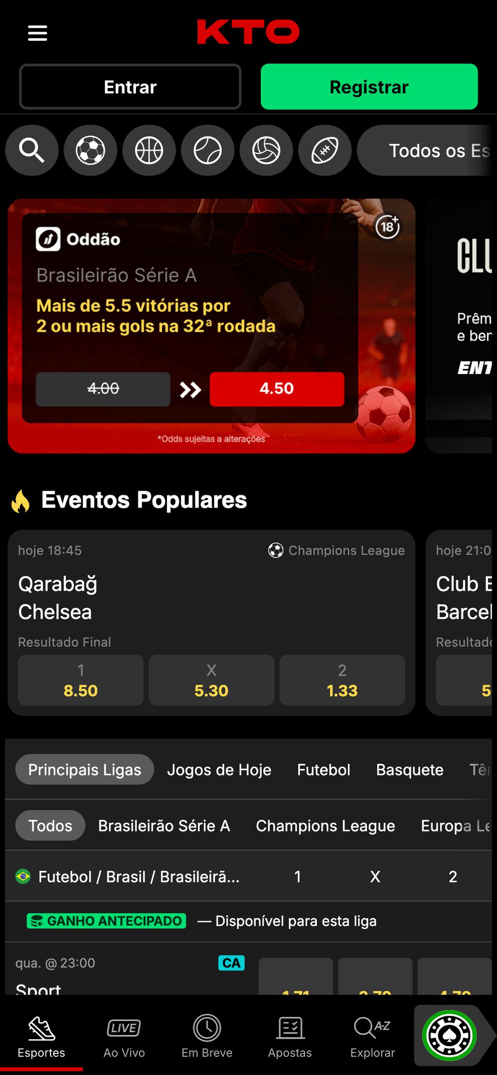 Seção de apostas esportivas na KTO