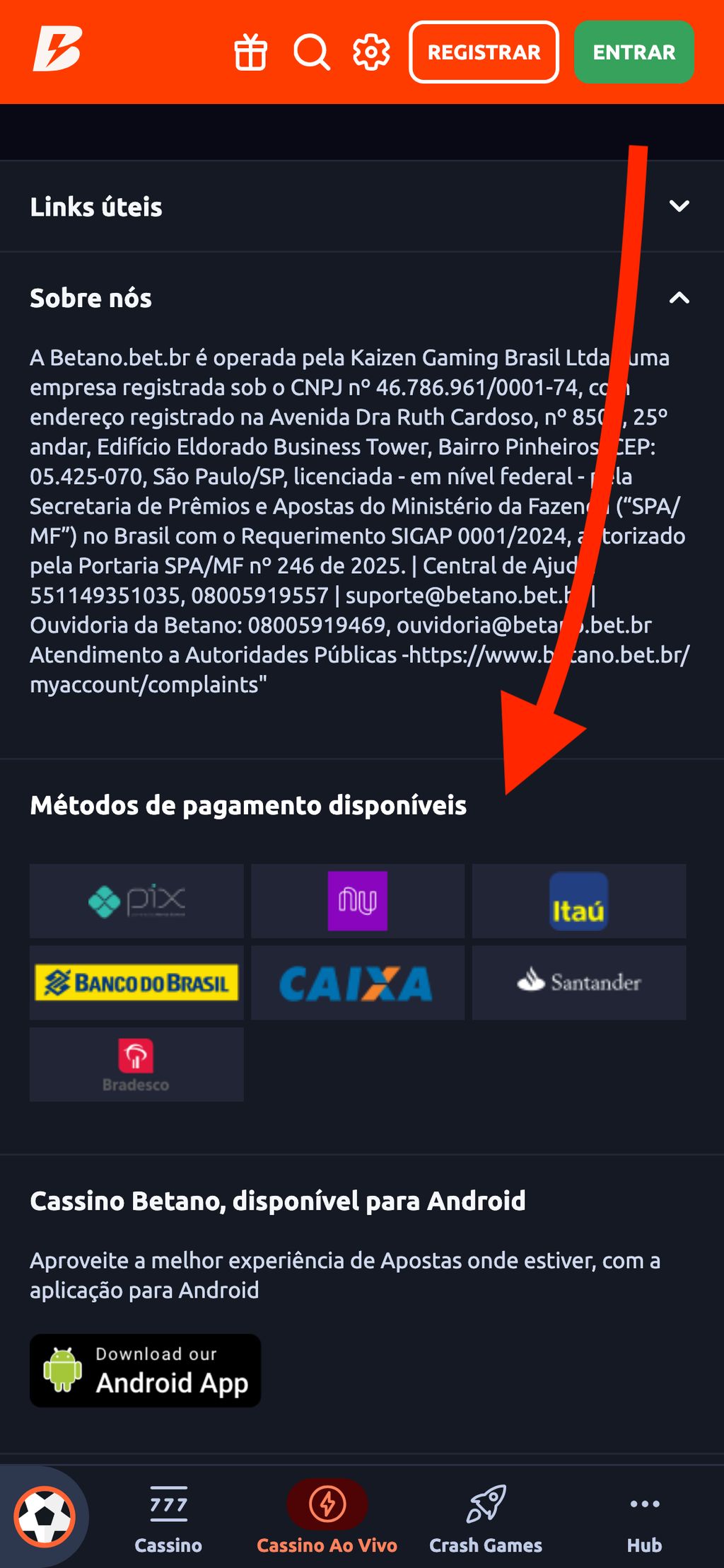 Métodos de pagamento aceitos pela Betano