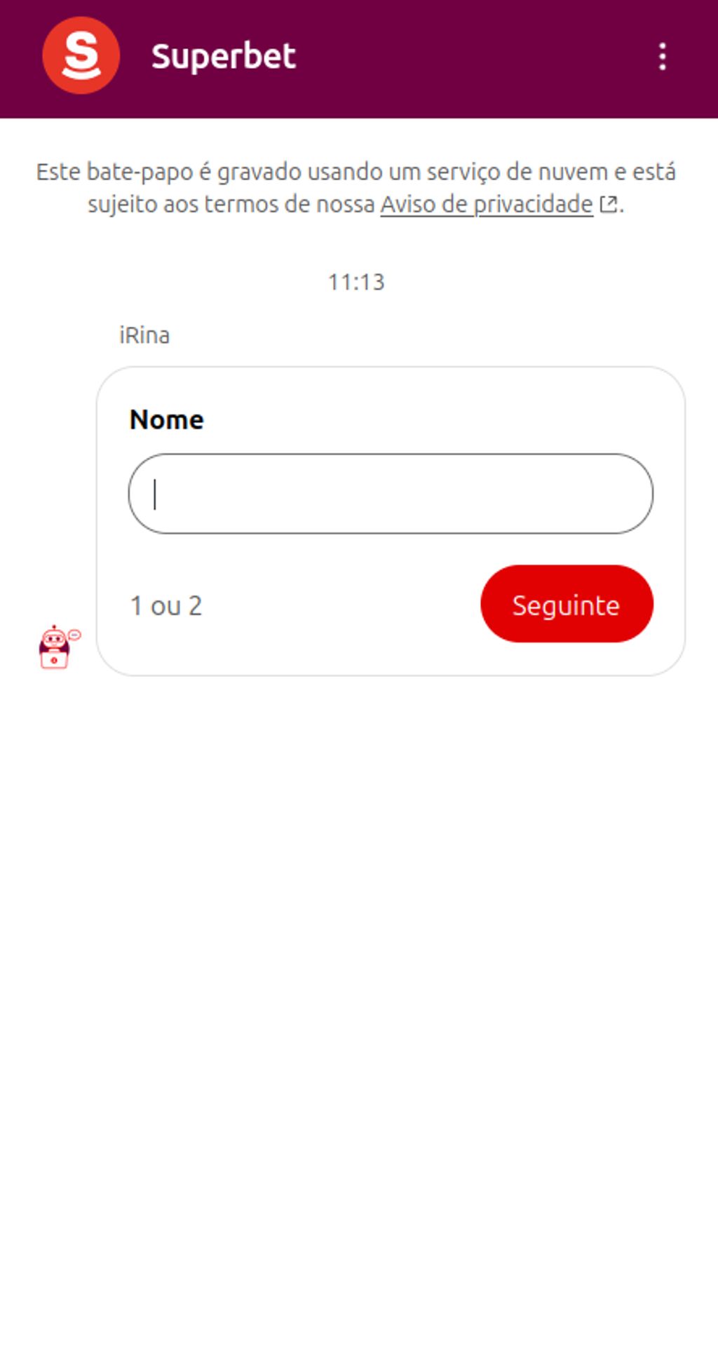 Chat ao vivo da Superbet, iniciado pela assistente virtual iRina