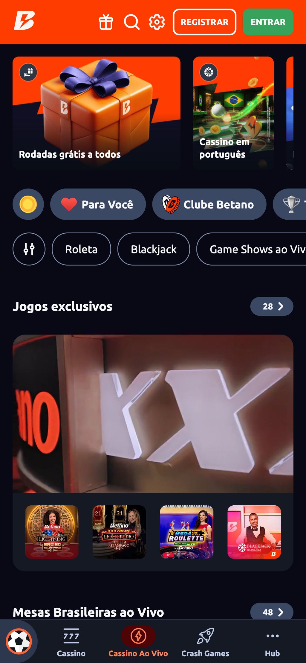 Casino ao vivo no site Betano