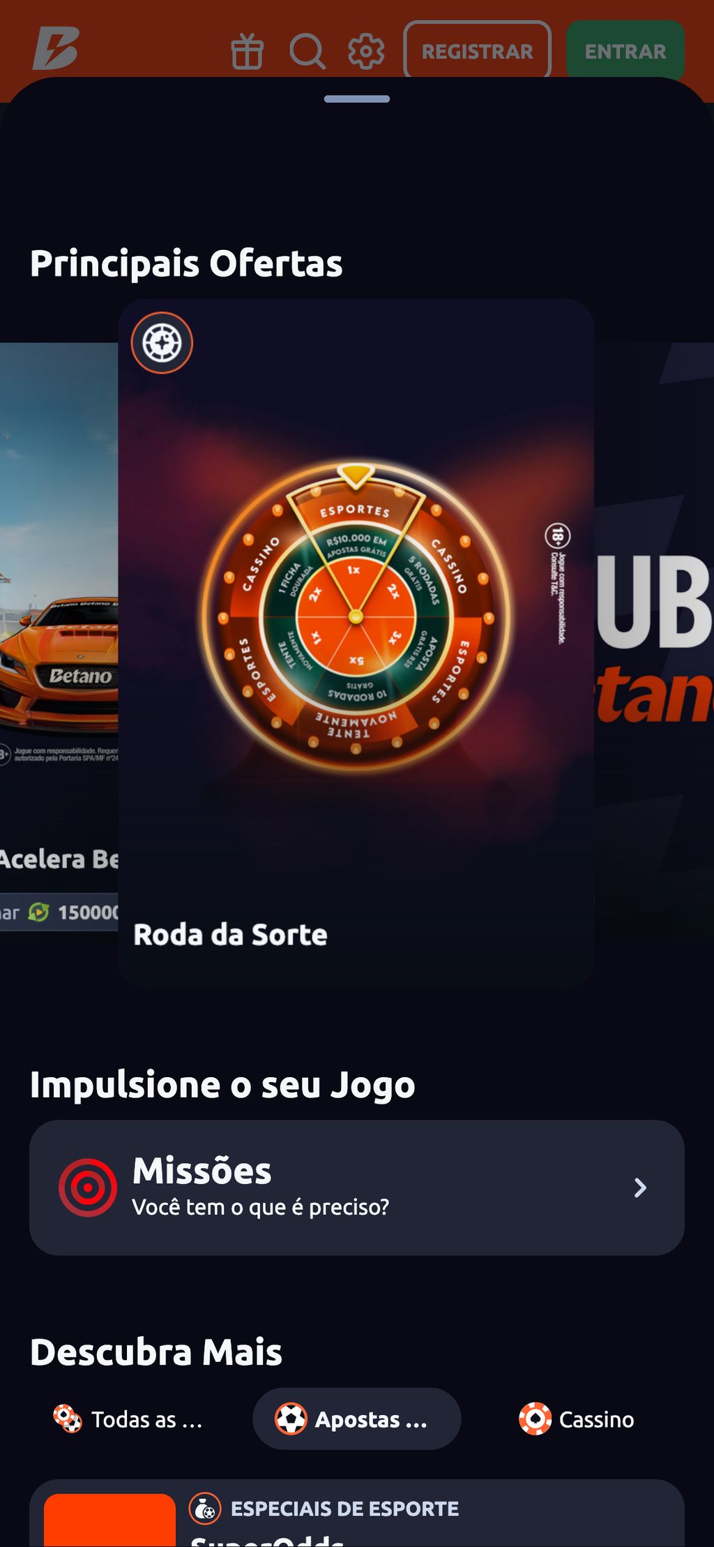 Página com bônus Betano 