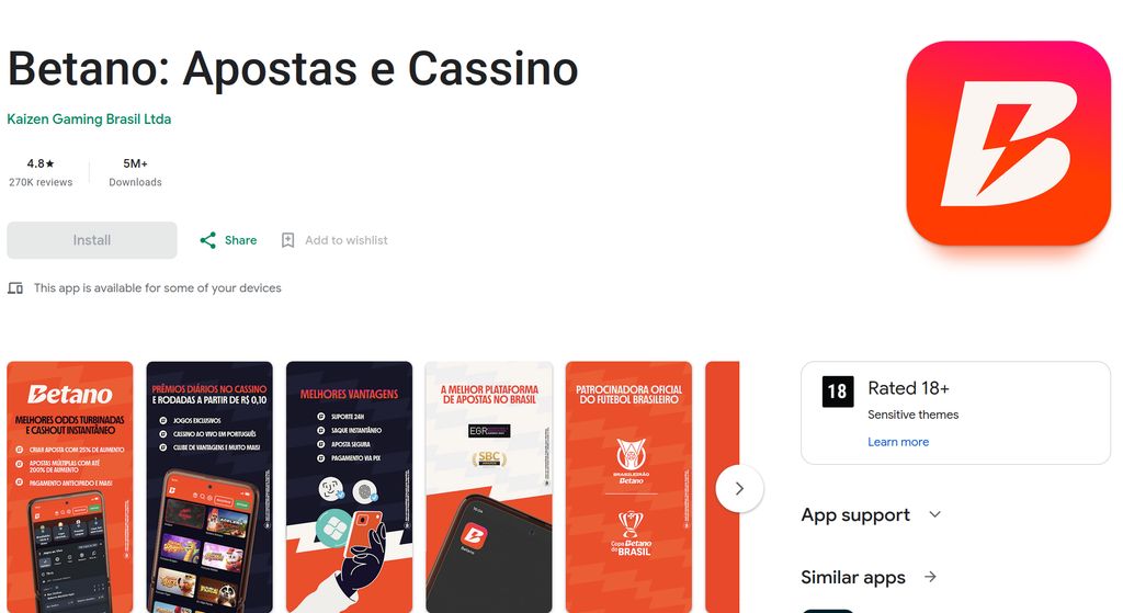 Página do Betano app na Google Play Store