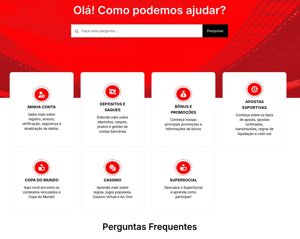 Central de Ajuda da Superbet, com as categorias de dúvidas mais comuns.