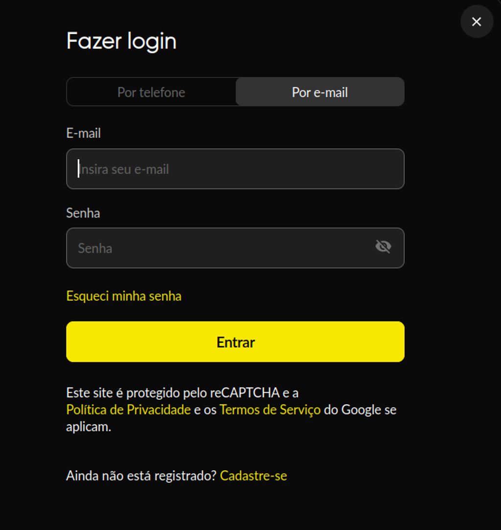 Formulário de login na BetBoom usando e-mail e senha