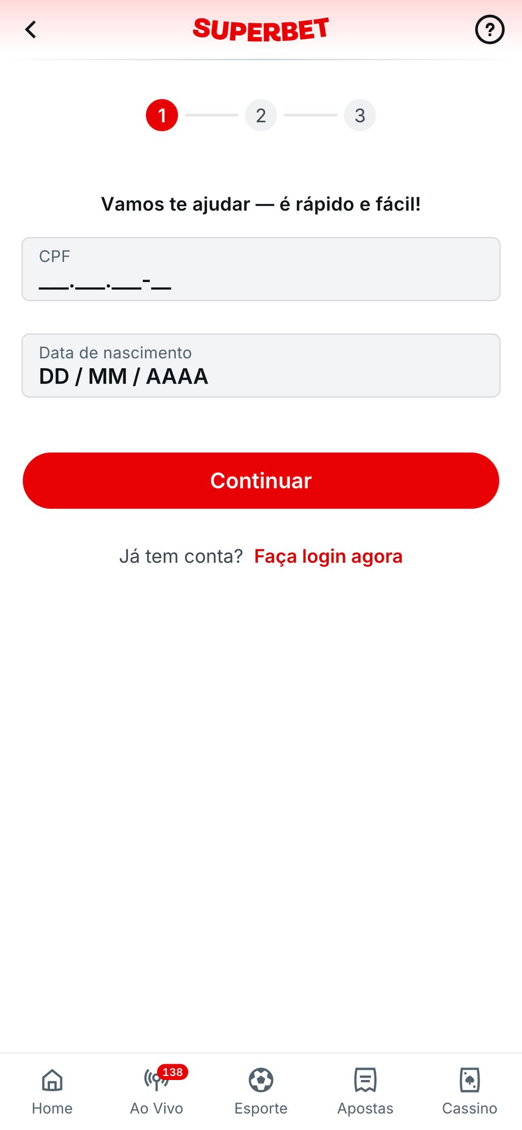 Registro no site Superbet.bet.br